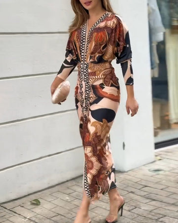 Vintage Baroque Long Sleeve Plunge V Neck Bodycon Dress Sexy Slim Fit Midi Dress